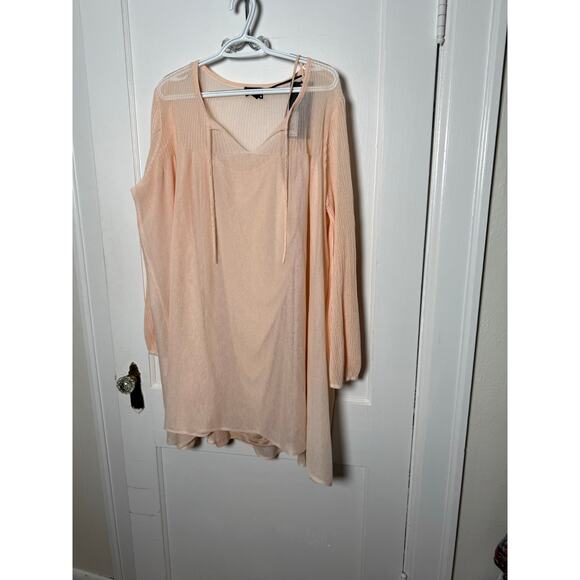 Future Collective Pleated Flowy Boho Sheer Stretch Peach Pink Mini Dress NEW XL - Picture 2 of 6